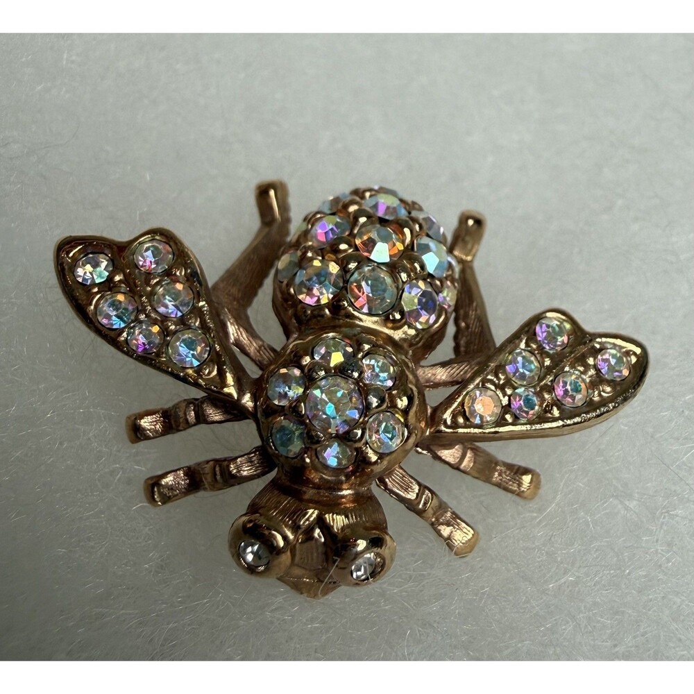 Joan Rivers Signed Honey Bumble Bee Brooch Pin Iridescent Crystal Gold AB Vtg